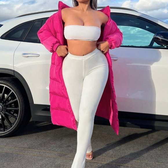 Hot Pink Preppy Womens Solid Zip Up Puffer Coat - Picture 4 of 6